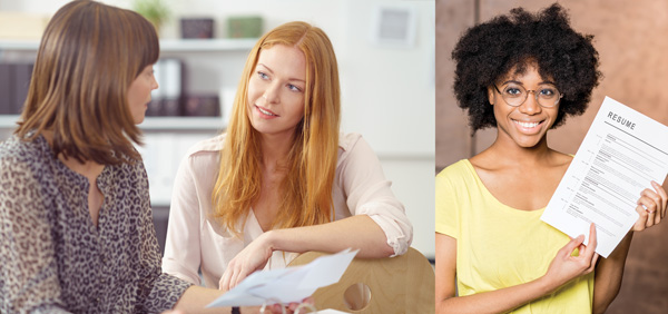 Two Photo collage showing; A Career Advisor working with a female student, and a female student holding up her resume