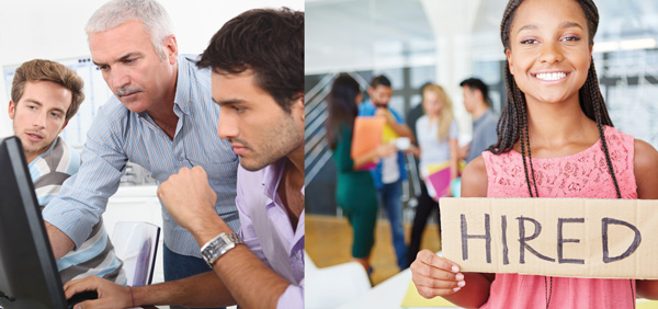 Two photo collage showing; A Career Advisor working with two male students on a computer, and a student holding up a sign that says "Hired"